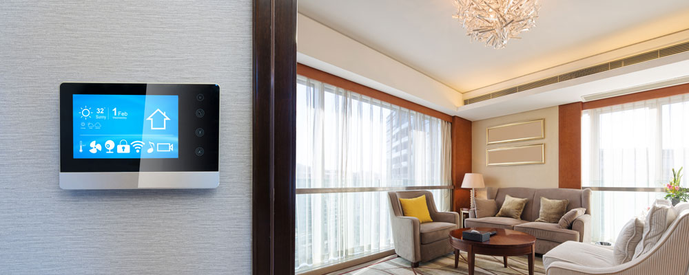 Smart Screen With Smart Home Apps On Wall In Modern Living Room